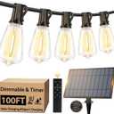 100FT Outdoor Solar String Lights with Remote, USB Rechargeable LED Patio Lights with 52 Timer Dimmable ST38 Edison Bulbs, Enhanced 5W Solar Panel Outside Hanging Lights for Porch Garden Deck Backyard