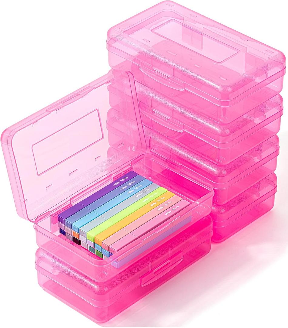 Mr. Pen- Clear Pencil Boxes, 6 Pack, Vibrant Pink Color, Snap-Tight Lid, Plastic Pencil Box Organizer, 7.9"x4.5"x2.4"
