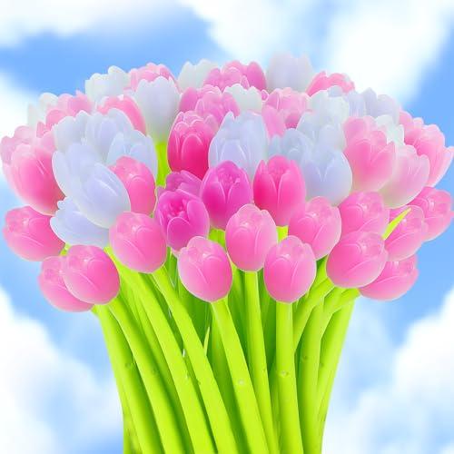 Teling 100 Pieces Color Changing Flower Pens Bulk Colorful Ballpoint Pens Creative Gel Ink Rollerball for Office Girls Gifts Happy Easter Presents Black 0.5mm(Multi Colors,Tulip)