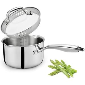 Cyrosa 3.5 Quart Stainless Steel Saucepan with Strainer Lid, Sauce Pot Sauce Pan for Stove Top, Two Side Spouts for Easy Pour, Dishwasher Safe