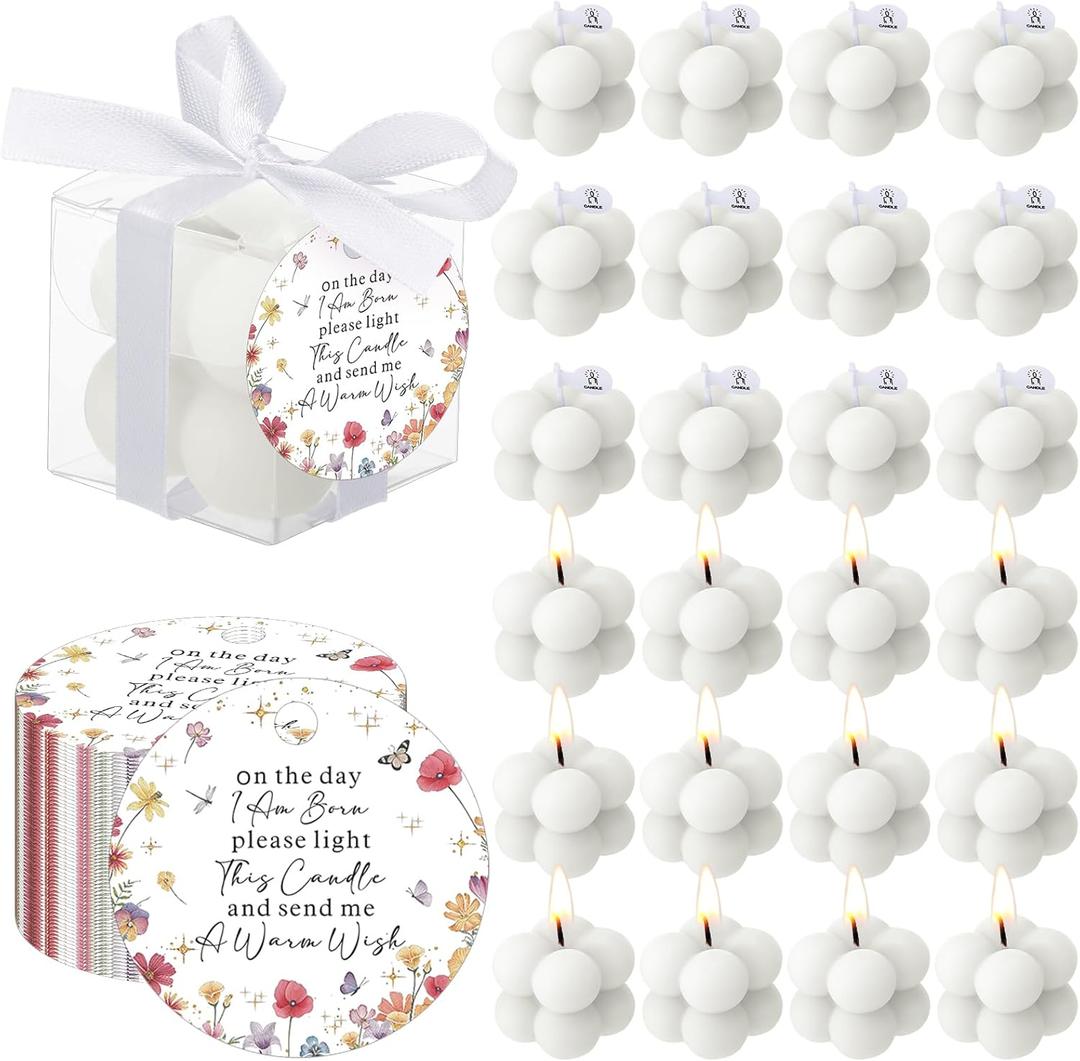 MTLEE 24 Sets Wildflower Baby Shower Favors Small Bubble Candles Baby Shower Favors for Guests Tea Candles Bulk with Stylish Ribbons Cards Gifts Party Decoration(White,Wildflower)