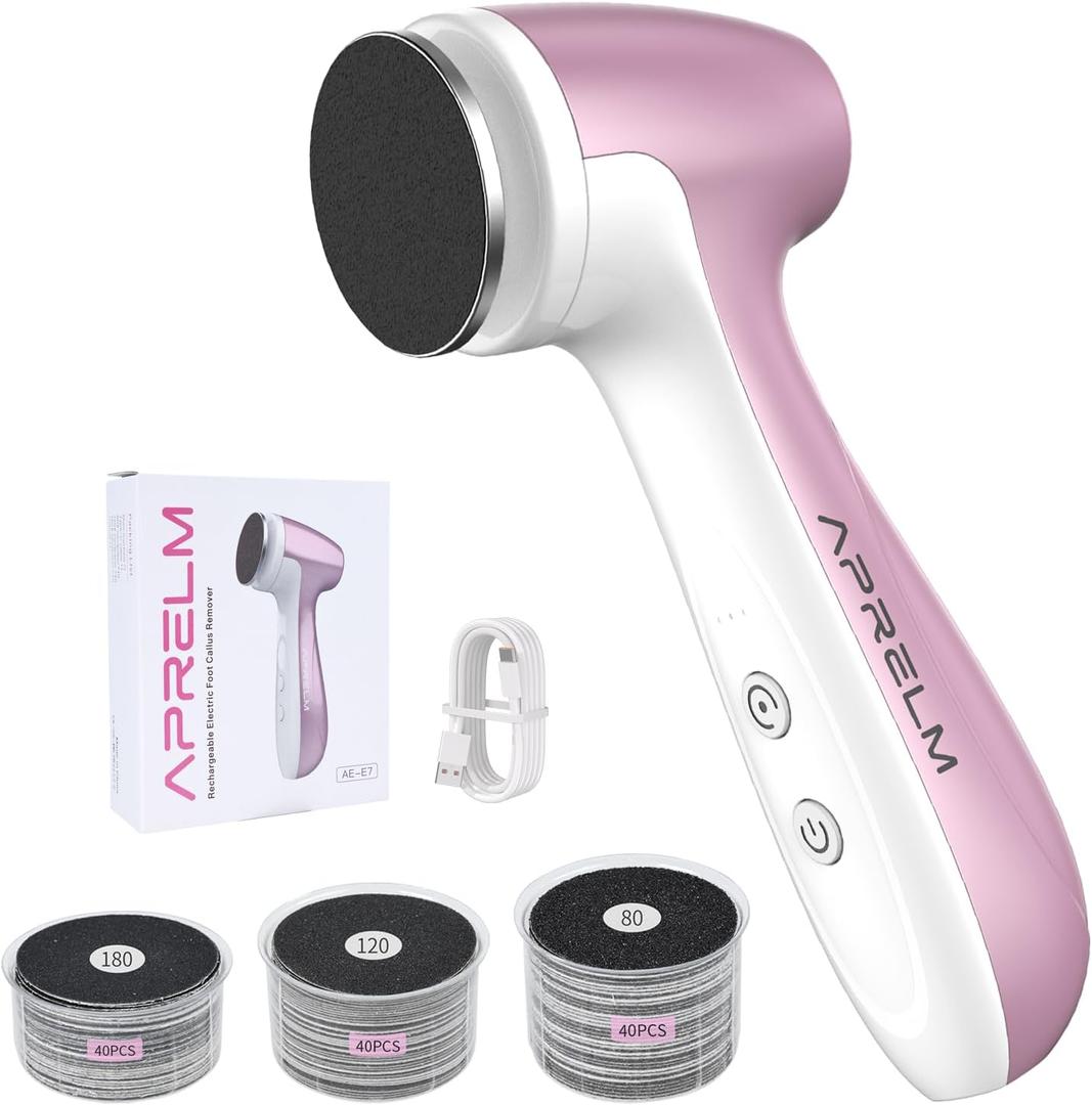 APRELM Rechargeable Electric Foot Callus Remover with 3-Sizes 120Pcs Sandpaper Discs, Professional 1000RPM 3-Speed Control Electric Foot File (E7 Pink)