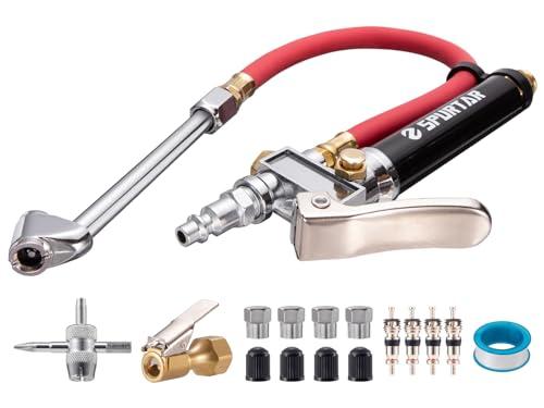 Spurtar 10-120 PSI Heavy Duty Tire Pressure Gauge with Inflator Air Chuck with Pressure Gauge with 4 Way Tool and Valve Cores Air Compressor Attachments Tire Inflator Nozzle for Car Automotive Truck