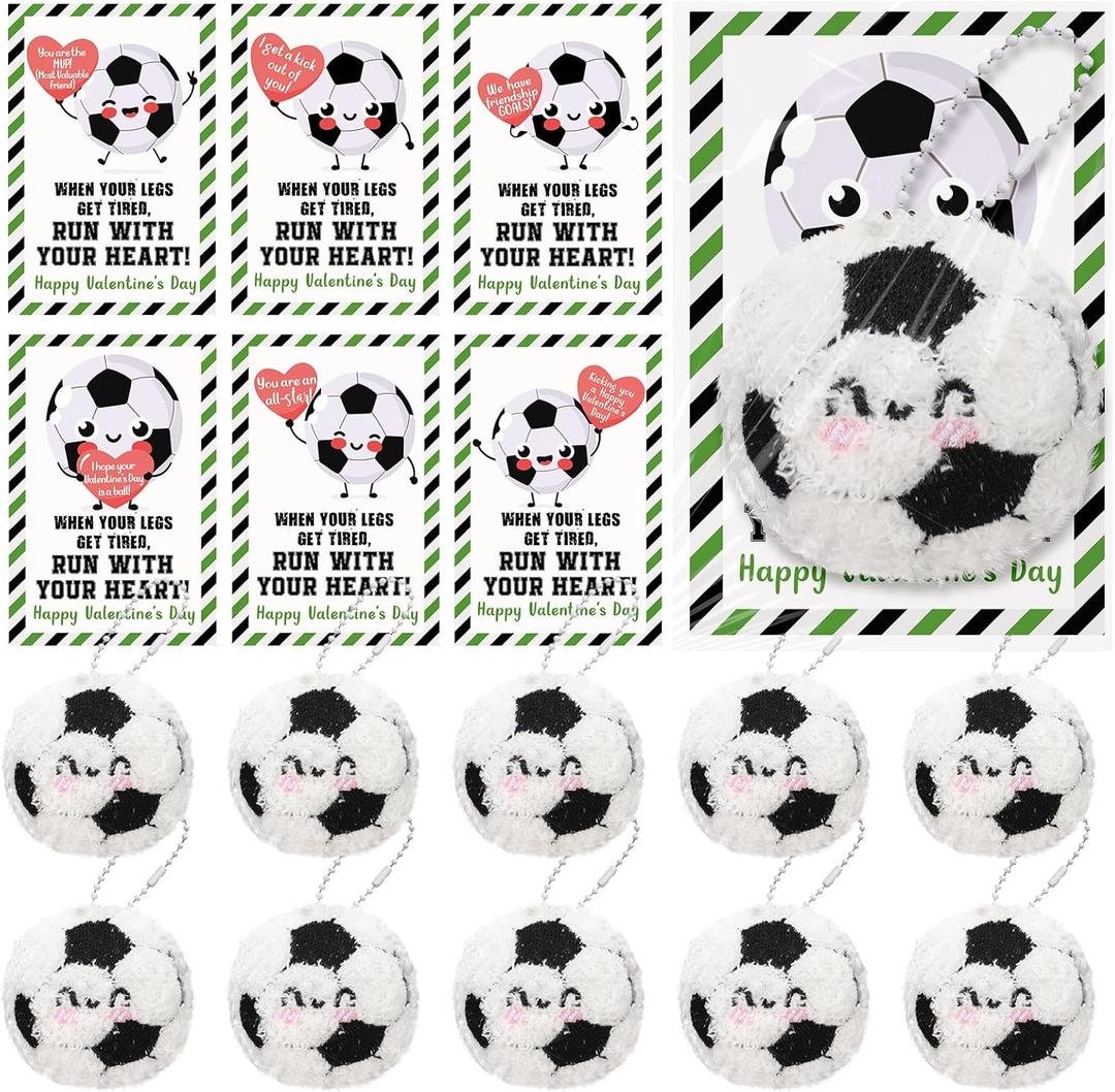 Jenaai 30 Sets Valentine Soccer Team Gift Bulk Cute Face Plush Soccer Keychain with with Inspirational Cards Valentine Party Favor for Team Player Group Athletes