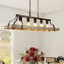 5-Light Rustic Farmhouse Chandelier, 33.5" Linear Black Metal & Retro Wood Finish, Industrial Dining Room Light Fixture Over Table, Hanging Pendant Light for Kitchen Island (E26)