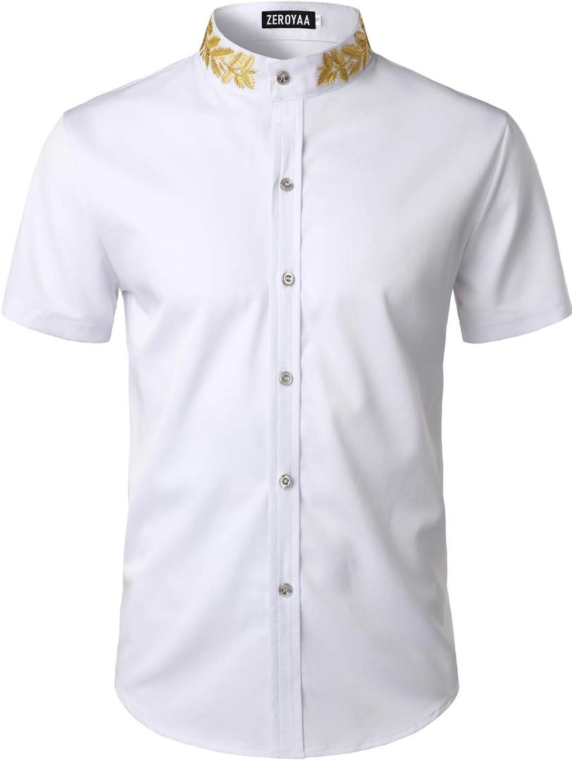 ZEROYAA Mens Hipster Gold Embroidery Mandarin Collar Slim Fit Short Sleeve Casual Dress Shirts (X-Large, White)