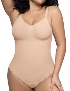PUMIEY Shapewear Bodysuit for Women Tummy Control V-Neck Sculpting Thong Body Shaper Tank Top, Latte Thong, Small-Medium