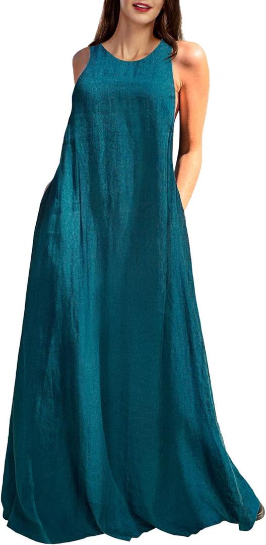 Rainday Women's Linen Dress Sleeveness Loose Dresses Casual Maxi Dress with Pockets, 4XL (Blue)
