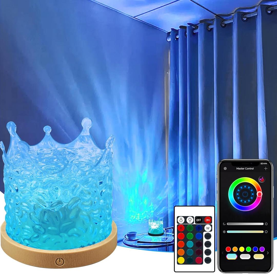 Ocean Wave Projector Light, 16 Colors Gradual Rotating Flame Water Lamp with App & Remote Control for Home Office Bar Restaurant