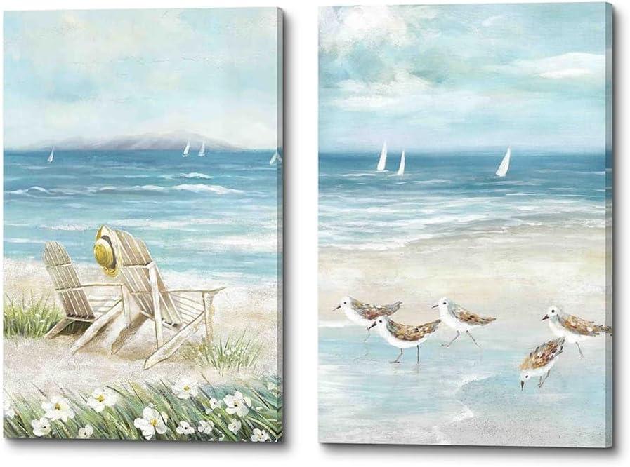 Ocean Coastal Canvas Wall Art: 2 Piece Seaside Chair Artwork Sea Birds Seascape Prints Beach Vacation Pictures for Bedroom Bathroom (11''x16''x2)