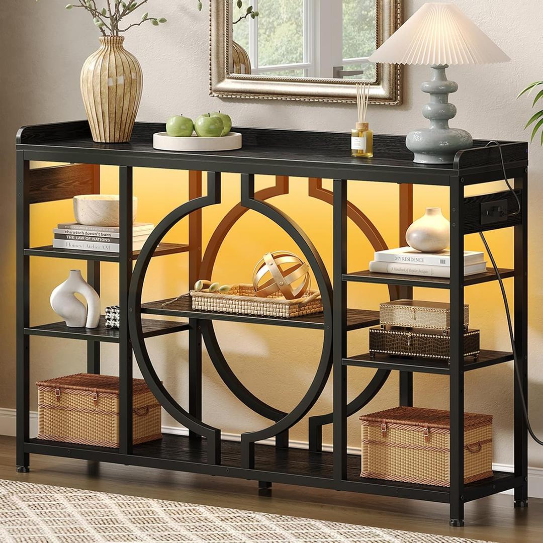 47.2 Inch Console Tables with Charging Station and LED Light, 4 Tier Black, 47.2 inches x 11.8 inches x 32 inches