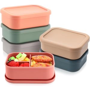 Honeydak 6 Pcs Silicone Bento Box 3 Compartment Reusable Lunch Container Smooth and Leakproof Meal Prep Lunch Box with Lid Stackable Meal Prep Container for Work Travel, 6 Colors (Classic Colors)