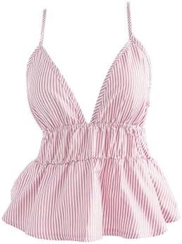 SOLY HUX Women's Y2k Striped Babydoll Camisole Deep V Neck Backless Peplum Cami Tops S