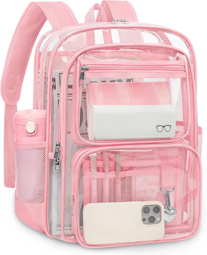 Clear Backpack for School, Large Heavy Duty Clear Bookbag with Luggage Strap & Stitches for Girls Boys, Reinforced See Through PVC Transparent Backpack for Stadium Events College Travel Work Pink