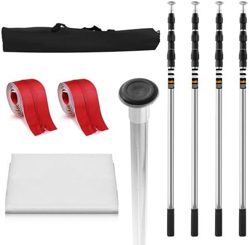 4 Pack Dust Barrier 10 FT Telescoping System, Carry Bag, and 32.8x13.1 Ft Plastic Film for Interior Decoration and Painting, White Transparent