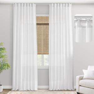 100 Inch Linen Cotton Blend Semi Sheer Curtains, White Light Filtering Rod Pocket Back Tab Drapes with Hooks for Living Room Bedroom, 2 Panels Set, 52'' W x 100'' L