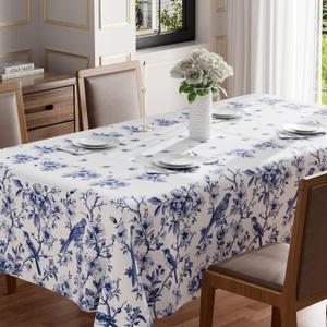 XCHI Blue and White Porcelain Style Birds and Flowers Spring Tablecloth Rectangle Washable Table Covers for Summer Seasonal Indoor Outdoor Dining Home Party Decorations 60x84 Inch