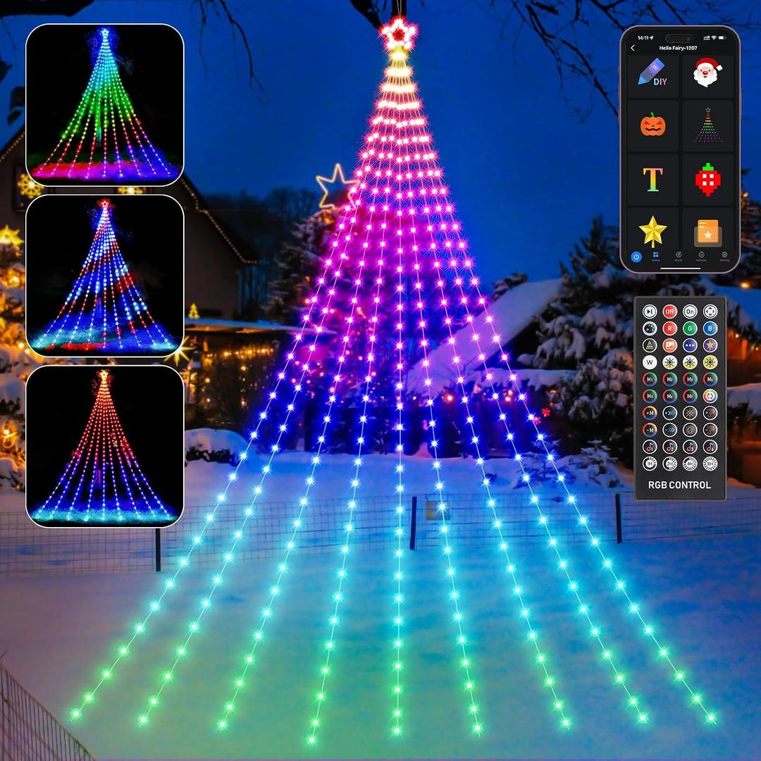 HOLILLUMA 23FT Outdoor Christmas Decorations, Smart RGB Color Changing Christmas Hanging Waterfall String Lights, APP Remote Control, DIY Multi-Color Lightshow, Music Sync, Outside Xmas Lights Decor