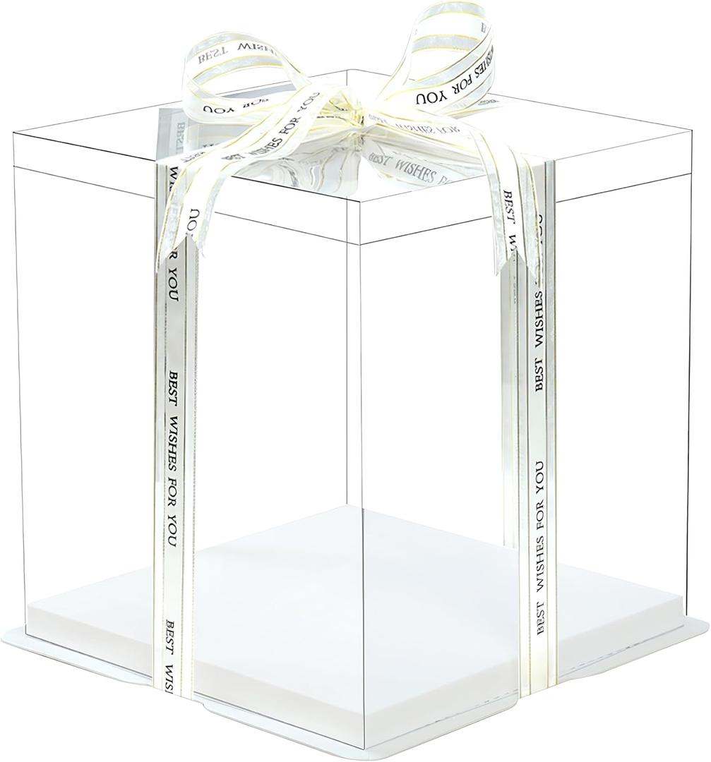 5 Pcs, 14x14x12 inch clear cake box (made of food-grade white card paper and transparent PET material) with ribbon, for party, birthday, enables a better overall display of your exquisite cakes.