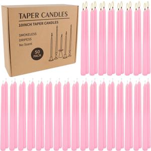 50-Pack Pink 10-Inch Taper Candles: Unscented Dripless Candlesticks with 8-Hour Burn Time - Elegant Dinner Candles for Valentine's Day, Romantic Dinners, Wedding Centerpieces, & Special Event Decor