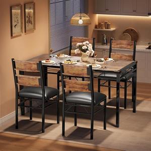 IDEALHOUSE Wood Dining Table Set for 4 with Corner Protector, Kitchen Table Chairs Set of 4 with Upholstered Chairs, Dining Room Table Set for 4, for Dining Room, Apartment, Retro Brown
