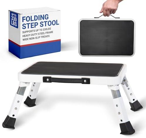 Arrigo Folding Step Stool with 3 Adjustable Heights – 330lb Capacity, Wide Anti-Slip Treads – Compact, Portable & Collapsible – Foldable Bed Stairs, Kitchen Ladder & Foot Stool for Adults