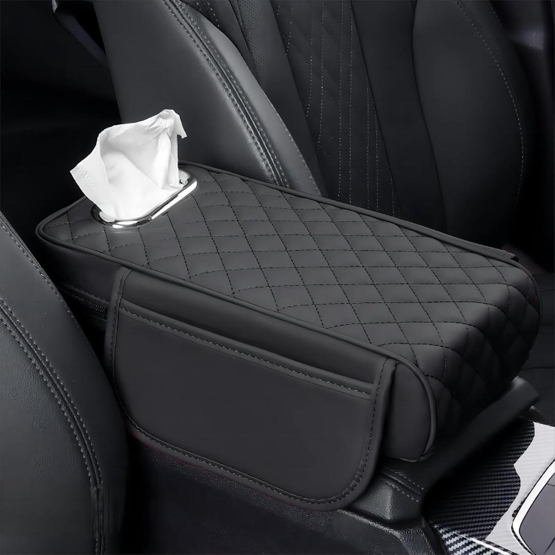 Rneswi Car Armrest Cover Leather Car Console Covers Box Pad with Pocket and Tissue Box Arm Rest Cover for Car for SUV Truck Sedan Vehicle (Favor-Dark)