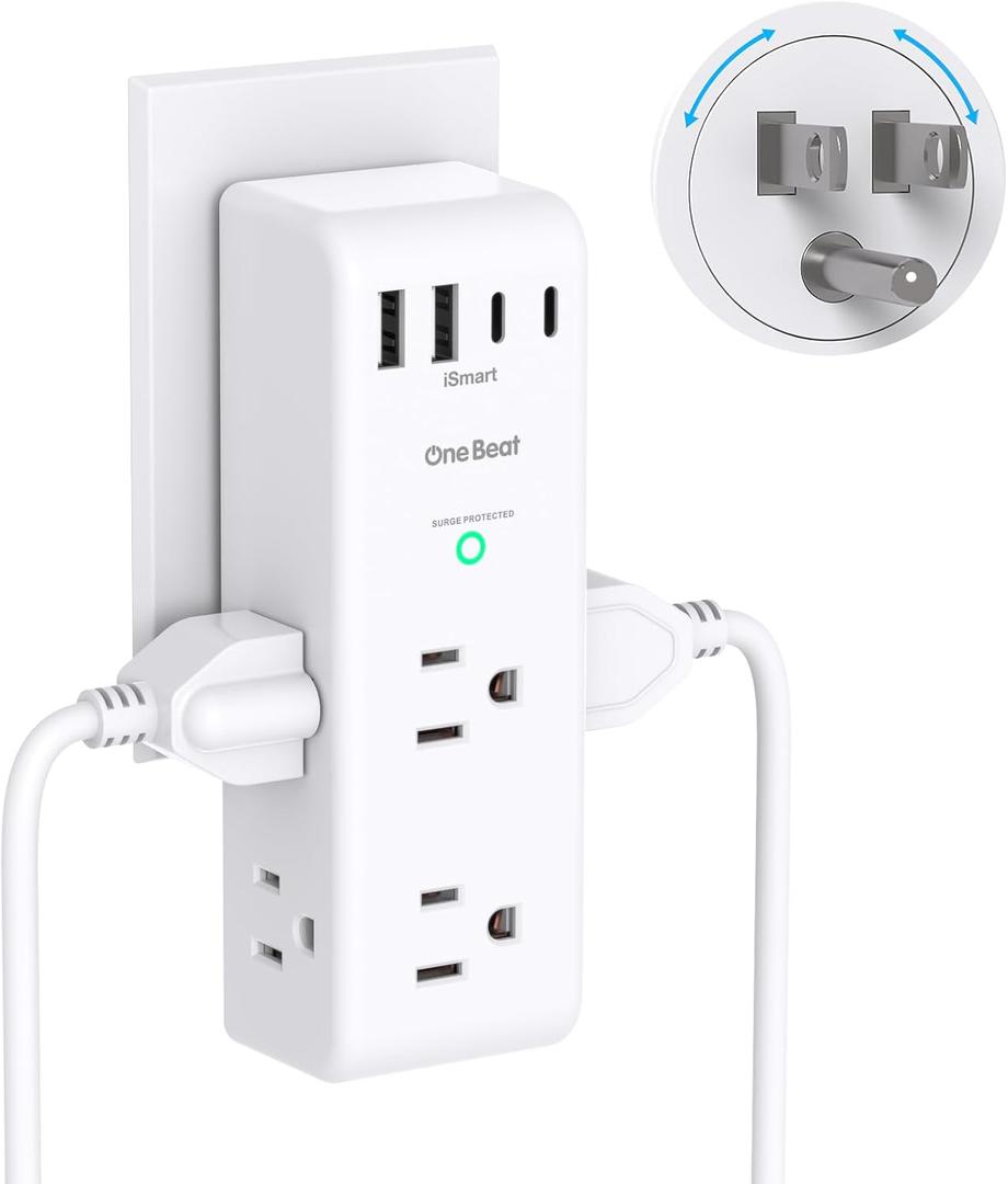 Surge Protector Outlet Extender - with Rotating Plug, 6 AC Multi Plug Outlet with 4 USB Ports (2 USB C), 1800J Wall Charger, 3-Sided Power Strip with Spaced Outlet Splitter for Home, Office, Travel (White)