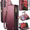 Defencase for Galaxy S25 Case Wallet with RFID Blocking Card Holder for Women Men, Elegant PU Leather Magnetic Snap Flip Wrist Strap Zipper Wallet Phone Cases for Samsung Galaxy S25 5G 6.2", Wine Red