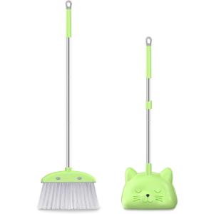 Mini Broom with Dustpan for Kids, 28-in Handle Kids Broom and Dustpan Set for Toddlers Cat-Shaped Children Broom and Cleaning Set Boys Girls Small Housekeeping Helper Set, Green