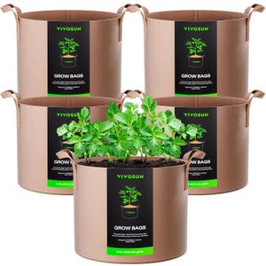 VIVOSUN 5-Pack 1 Gallons Grow Bags Heavy Duty Thickened Nonwoven Fabric Pots with Strap Handles Tan