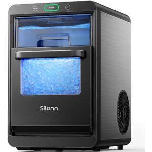Nugget Ice Maker Countertop, Silonn Pebble Ice Maker Machine Crushed Ice, 44lbs in 24h, Pull-Out Water Tank and Removable Ice Basket for Home, Kitchen, Stainless Steel