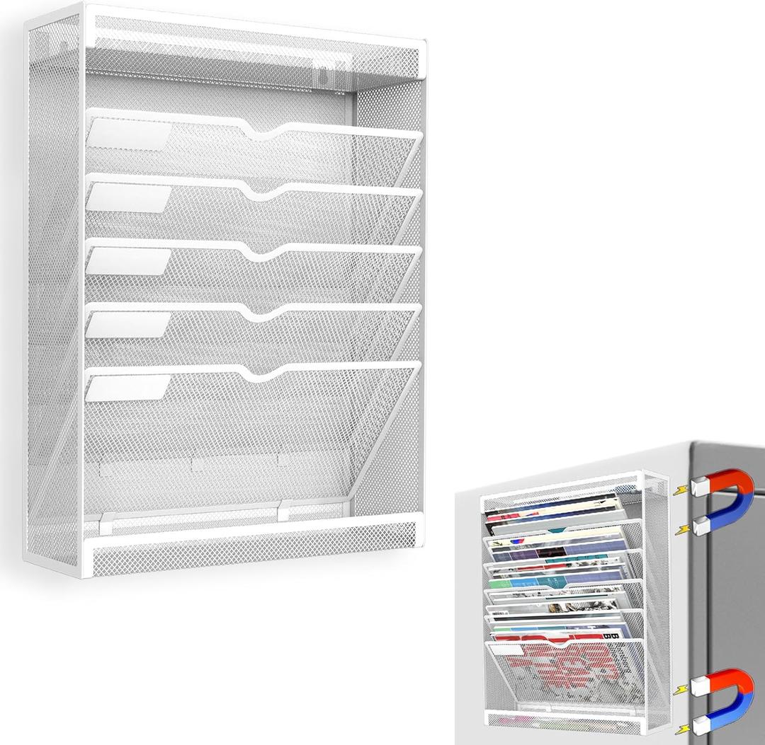 7 Tier Magnetic File Holder, No Drilling Wall File Organizer for File Cabinets Whiteboard Refrigerator,Office,Classroom, Hanging Paper Folder Holder, White