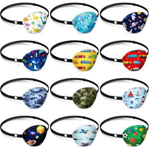 Timgle 12 Pcs Eye Patches for Kids Adjustable Eye Patch Single Cute Reusable Cartoon Eyepatch with Elastic Strap Costume Accessories for Boys Funny Gifts Right or Left Various Pattern
