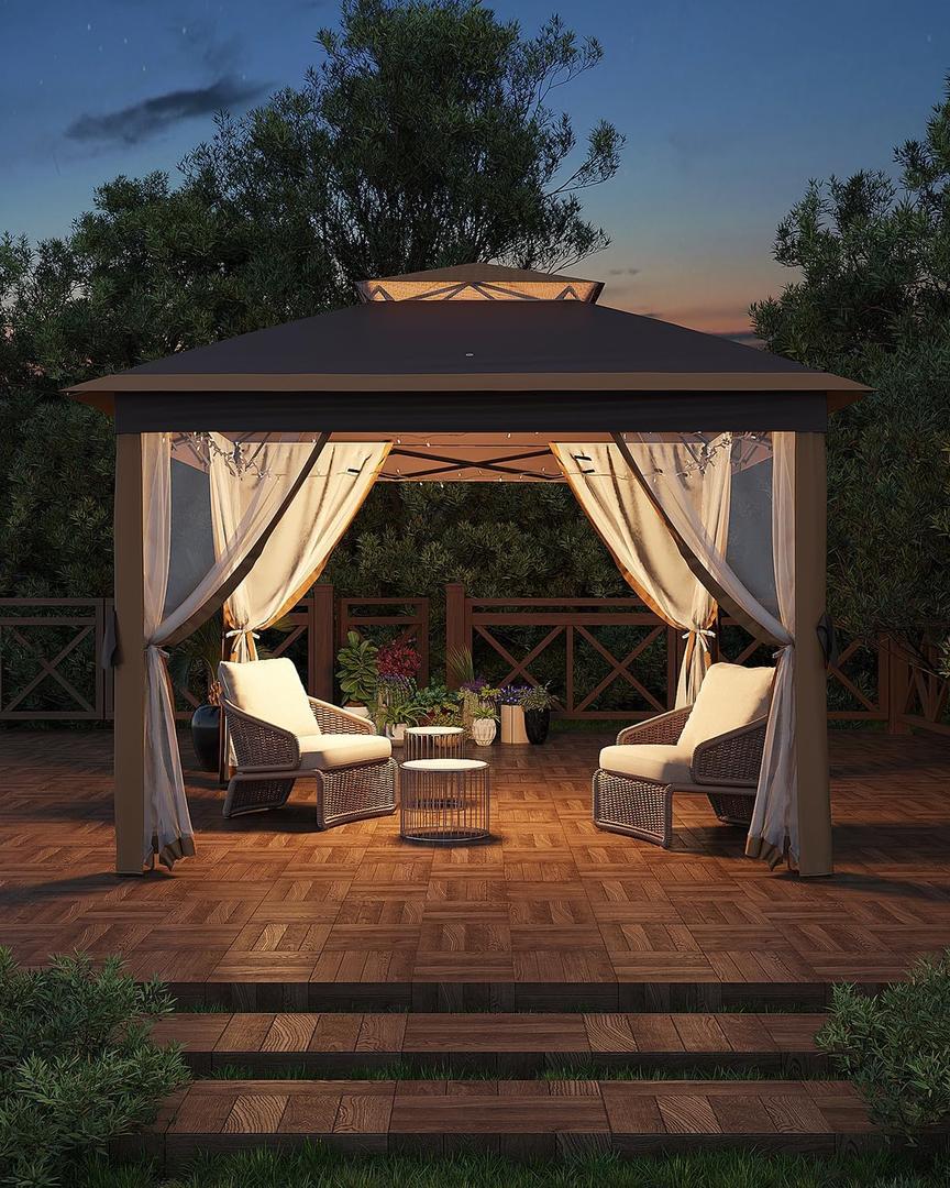 Garveelife 11x11 ft Pop Up Gazebo Tent with Mosquito Netting, Outdoor Canopy Shelter Easy Setup, Water & UV Resistant - Khaki