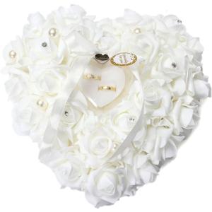 Wedding Ring Pillow, Irovy Ring Bearer Holder Pillows Heart Shape Rose Lace Cushion for Wedding Party Anniversary Ceromony