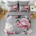 Dobuyly Pink and Grey Comforter Set Queen Size 7 Piece Bed in a Bag, Floral Printed on Gray Comforter Set with Sheets, Soft Microfiber Botanical Complete Bedding Set for All Season
