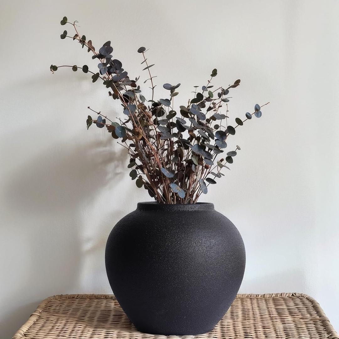Rustic Ceramic Vase, 8.3" Black Farmhouse Tall Vase, Vintage Vases, Modern Terracotta Decor Vases for Home Decor, Living Room, Entryway, Table Centerpieces, Shelf, Kitchen, Housewarming Gifts
