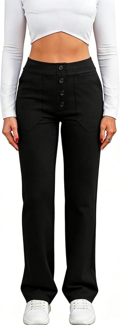 Women's High Waisted Straight Leg Pants - Multi Button Casual Trousers with Stretch for Daily and Lounge Wear (Black)