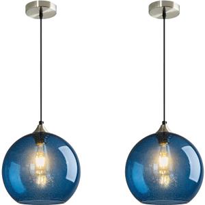 Modern 2-Pack Glass Globe Pendant Lights, Blue Modern Pendant Lighting for Kitchen Island, Clear Glass Hanging Lamps for Dining Room Living Room Bedroom, Large 9.85 Inch Fixture (Bulbs Not Included)