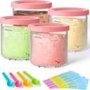 4 Pack Creami Pint Containers and Lids for Ninja with 4 spoons and writable labels, Compatible with Ninja NC299 NC300 NC301 Series Creami Maker Machine Accessories, BPA Free & Dishwasher Safe, Pink