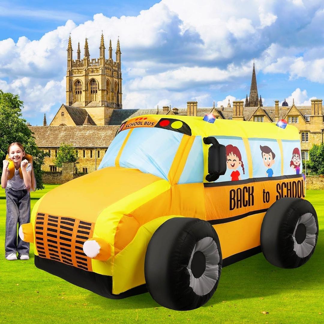 7 Ft Back to School 3D Inflatable School Bus Decor with LED Lights & Built-in Air Blower for Outdoor Yard Decoration First Day of School Party Decor & Garden Lawn Decor