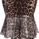 Milumia Women Leopard Print Mesh Halter Top with Scarf Ruffle Trim Crop Tops (Medium, Dark Brown)
