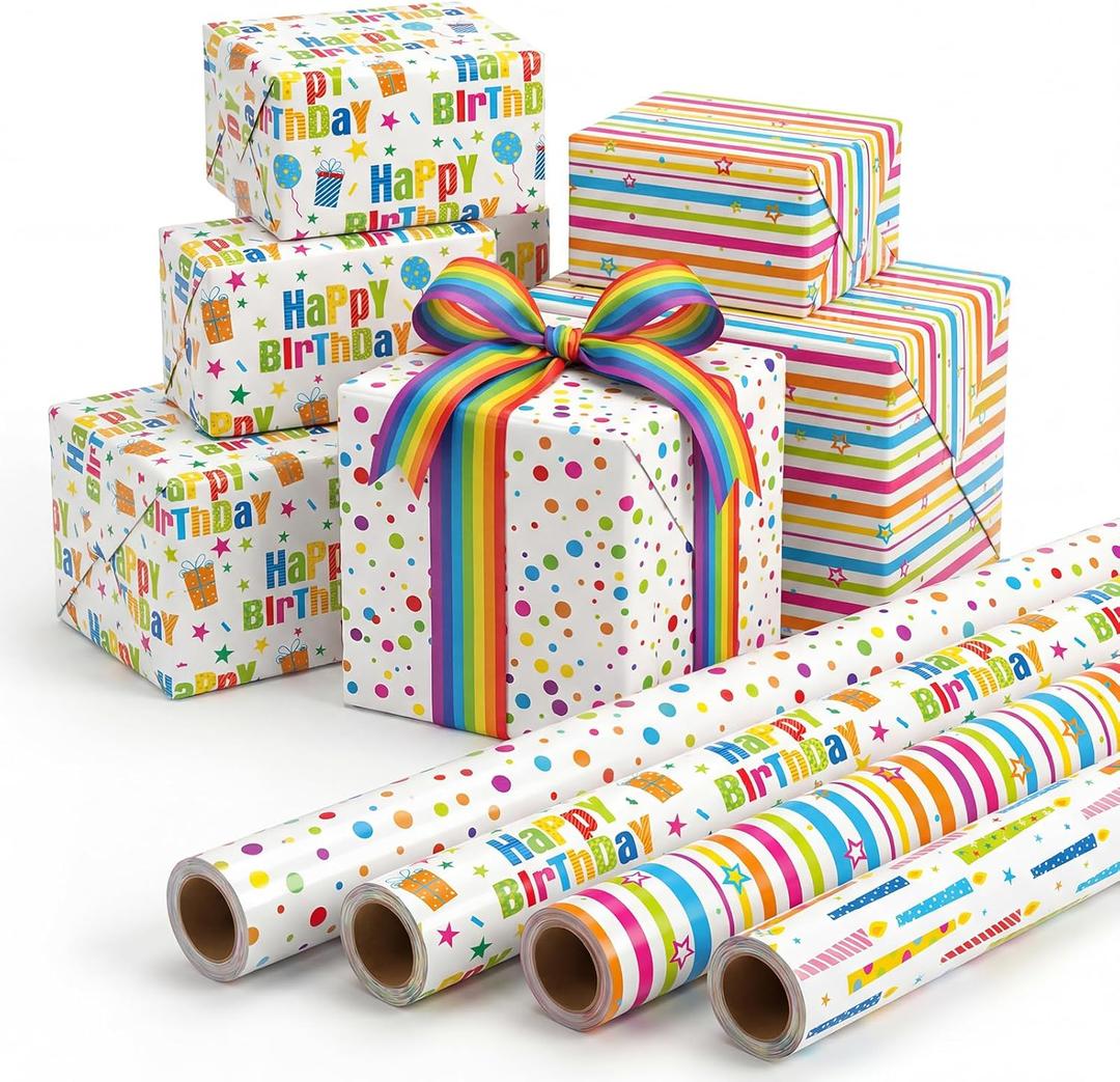 woric Birthday Wrapping Paper Rolls Colorful Gift Wrapping Paper with Happy Birthday Lettering Candles Polka Dots Stripes Design for Boys Party Baby Shower - 4 Rolls - 17 in x 120 in(10ft) Per Roll