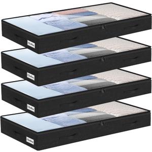 4 Inch Low Profile Under Bed Storage Drawer 4 Pack, Lightweight Underbed Clothes Storage Container Bins With NO STURCTURE, Shallow Storage Bag for Dorm & Home, With Clear Lids & Water-Resistant Fabric