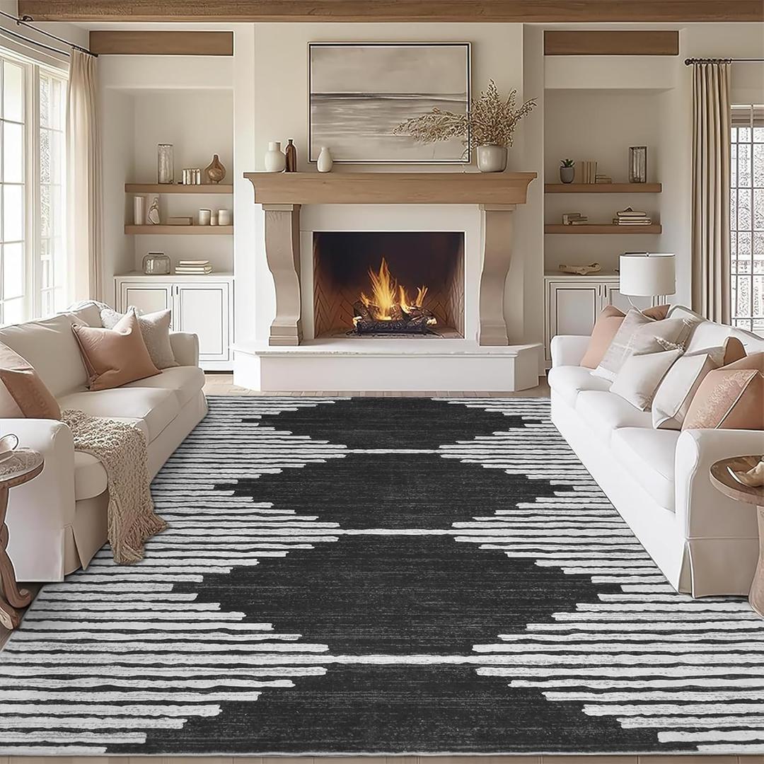 HelloTree Area Rug for Living Room 8x10 Washable Geometric Moroccan Rug Stripe Farmhouse Bohemian Minimalistic Non Slip Non Shedding Ultra Thin Soft Rug for Bedroom Office DiningRoom Nursery-Black