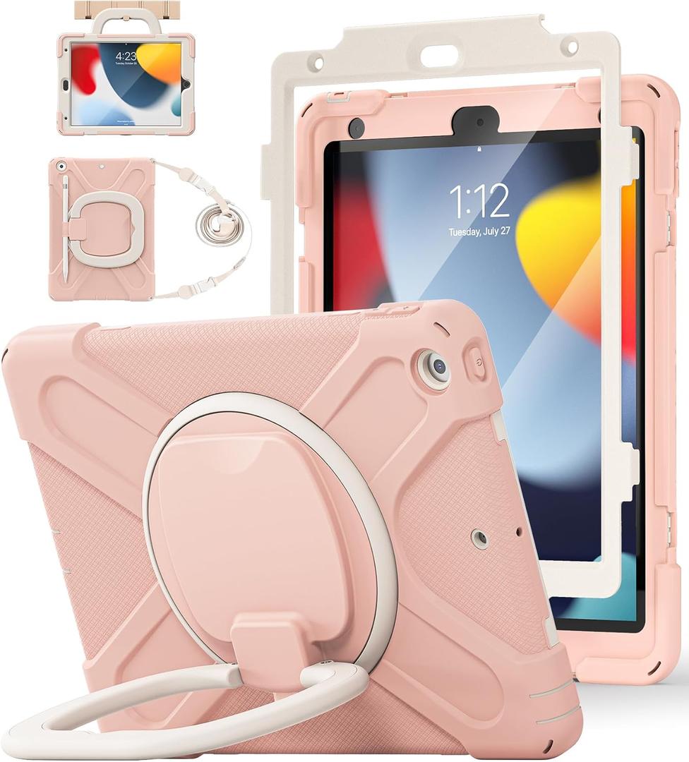 BATYUE for iPad 9th/ 8th/ 7th Generation Case (iPad 10.2 inch Rugged Case 2021/2020/2019) with Screen Protector, Rotating Stand/Pencil Holder/Carrying Shoulder Strap (Rose Gold)
