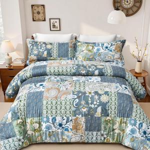 Boho King Size Comforter Set - 3 Piece Patchwork Vintage Soft Bedding Farmhouse Reversible Sage Green Bed Set for All Season, 1 Lightweight Comforter (104"x90") and 2 Pillow Shams (20"x36")
