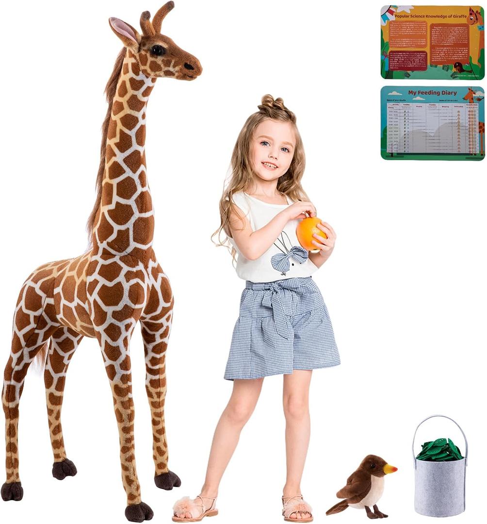 47" Large Giraffe Stuffed Animal Set, Giant Giraffe Plush Toys with Birds, Leaves, Basket, Tall Giraffe Toy Standing Lifelike, Gift for Kids Nursery Baby Shower Party