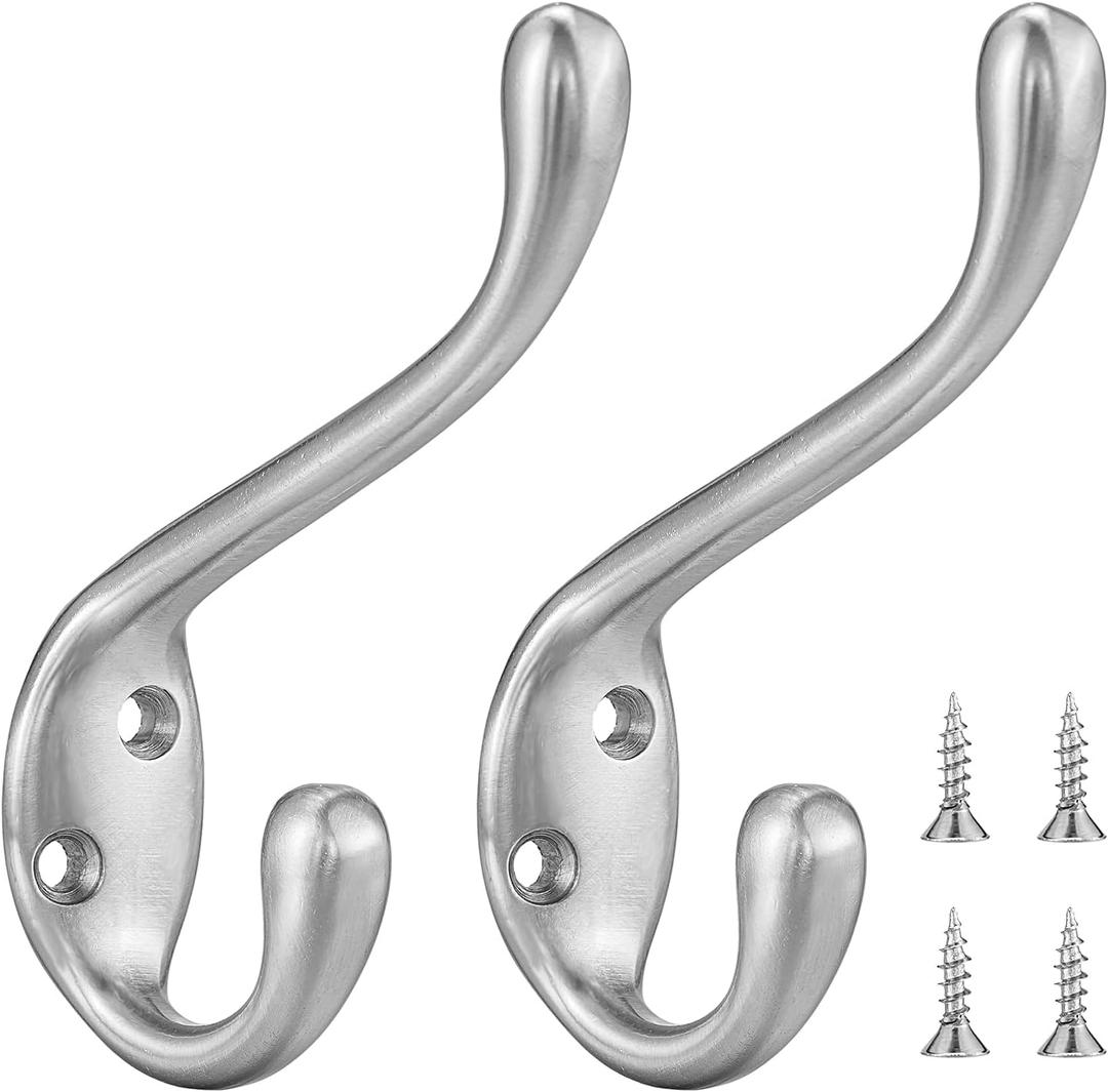 Coat Hooks 5 Pack - Heavy Duty Wall Mounted Brushed Nickel Door Hooks Double Prong Hooks for Hanging Clothes/Towels - Sturdiness Design with Better Mounting System
